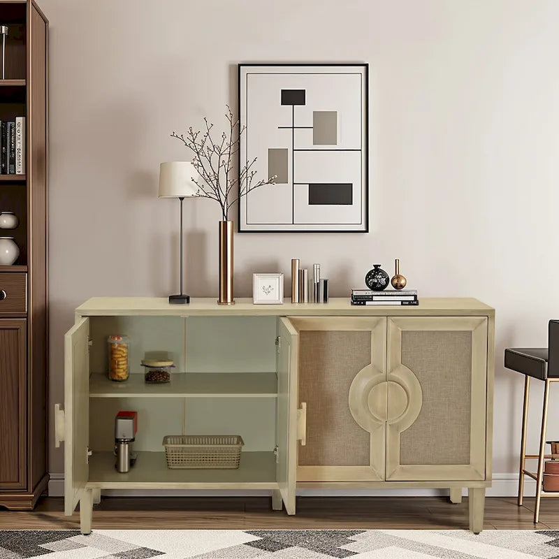 Elegant Vintage 4-Door Cabinet with Linen Doors and Wood Legs