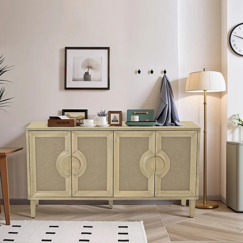 Elegant Vintage 4-Door Cabinet with Linen Doors and Wood Legs