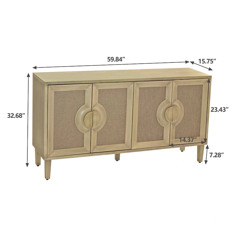 Elegant Vintage 4-Door Cabinet with Linen Doors and Wood Legs