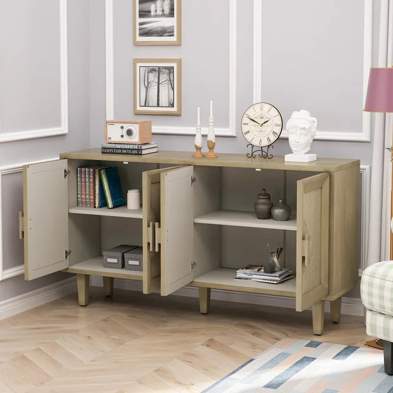 Elegant Vintage 4-Door Cabinet with Linen Doors and Wood Legs