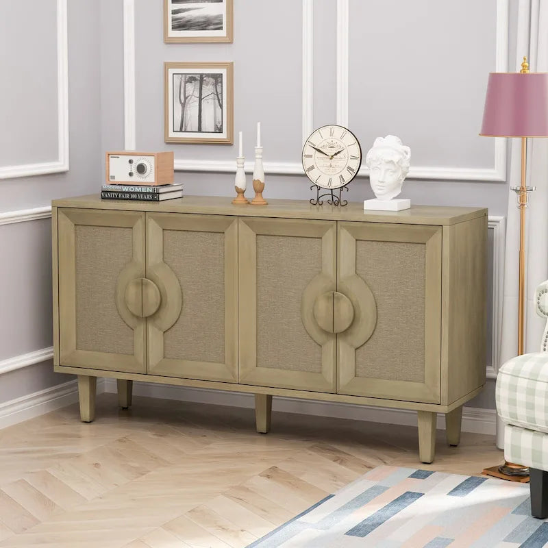Elegant Vintage 4-Door Cabinet with Linen Doors and Wood Legs