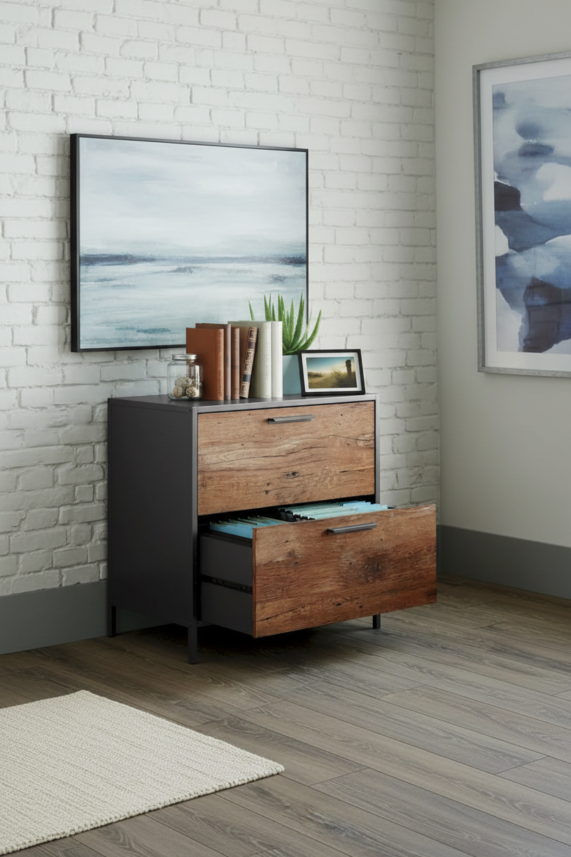 2-Drawer Retro Industrial Lateral File Cabinet with Metal Frame