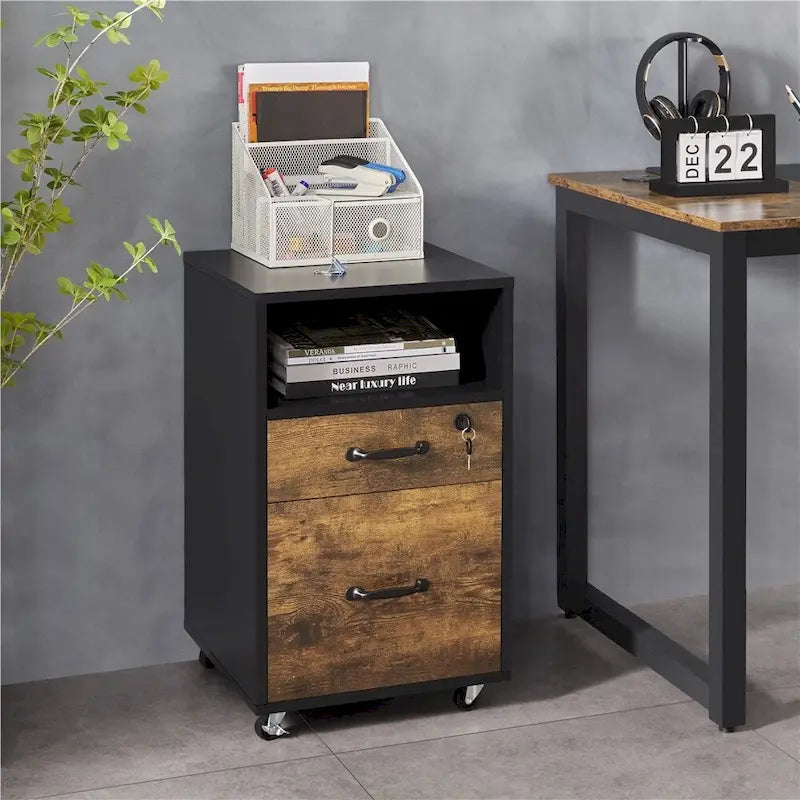 Rolling File Cabinet with 2 Drawers and Open Shelf for Home Office