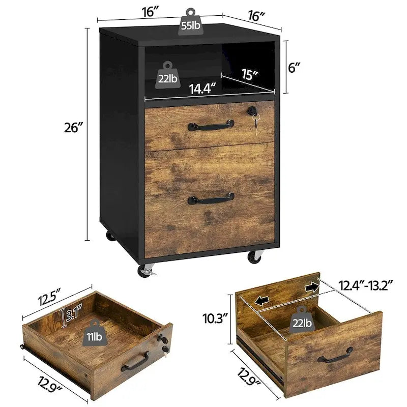Rolling File Cabinet with 2 Drawers and Open Shelf for Home Office