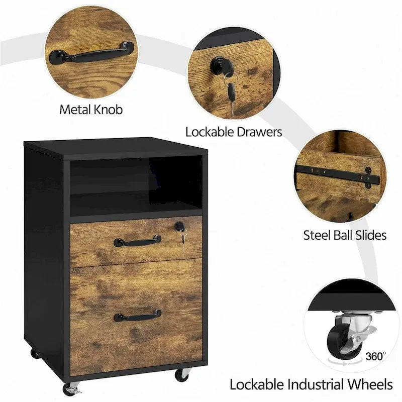 Rolling File Cabinet with 2 Drawers and Open Shelf for Home Office