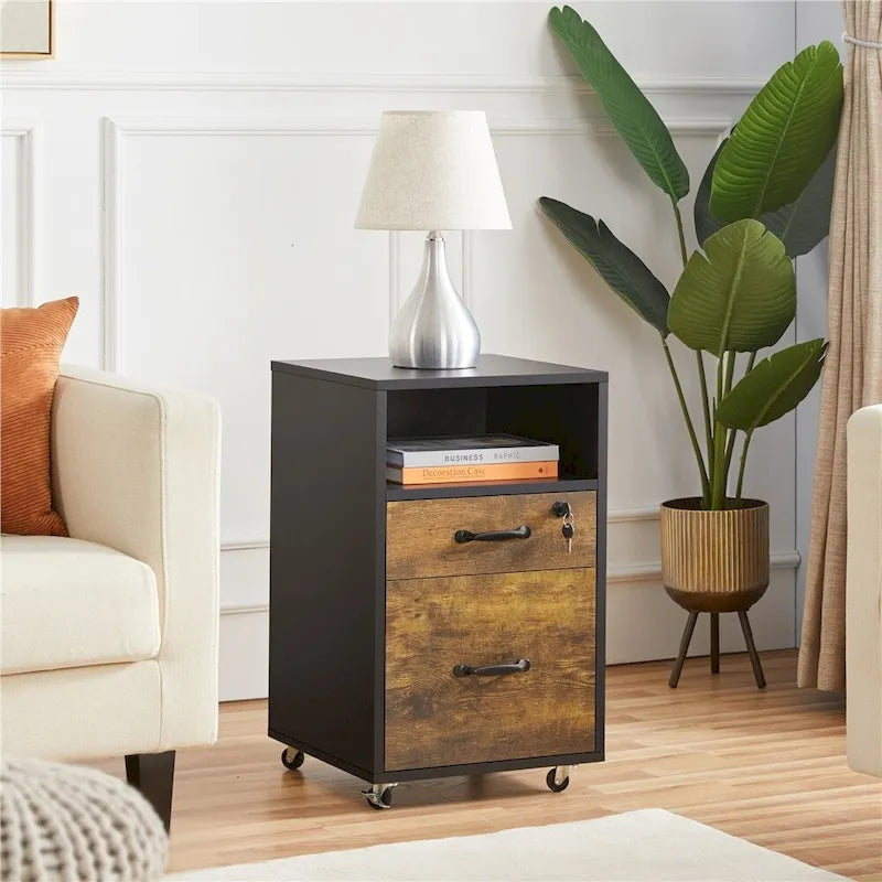 Rolling File Cabinet with 2 Drawers and Open Shelf for Home Office