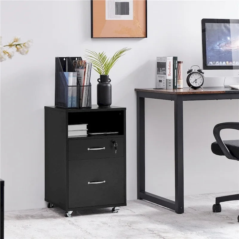 Rolling File Cabinet with 2 Drawers and Open Shelf for Home Office