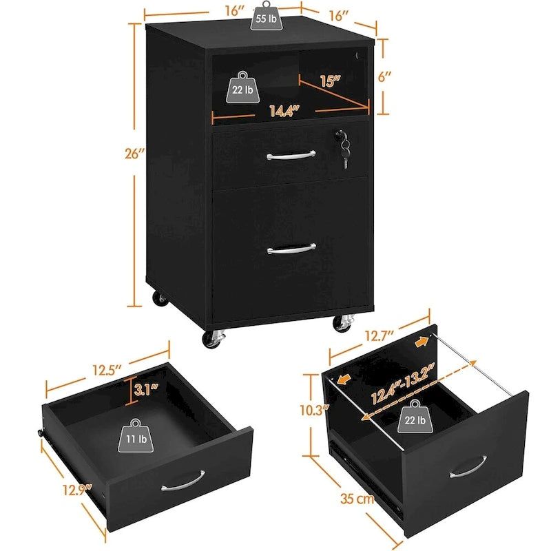 Rolling File Cabinet with 2 Drawers and Open Shelf for Home Office