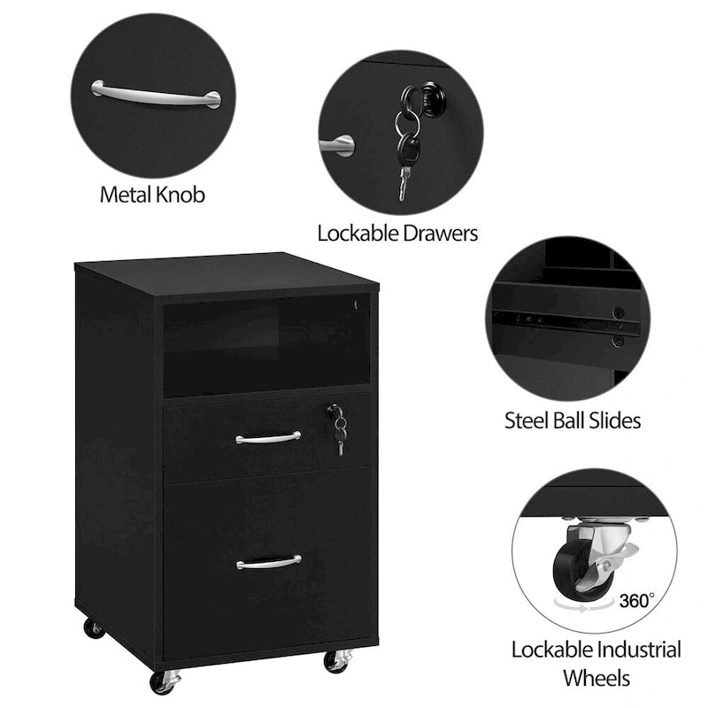Rolling File Cabinet with 2 Drawers and Open Shelf for Home Office