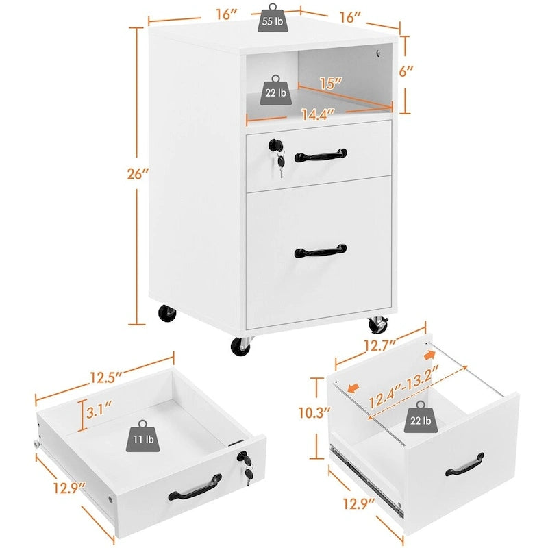 Rolling File Cabinet with 2 Drawers and Open Shelf for Home Office