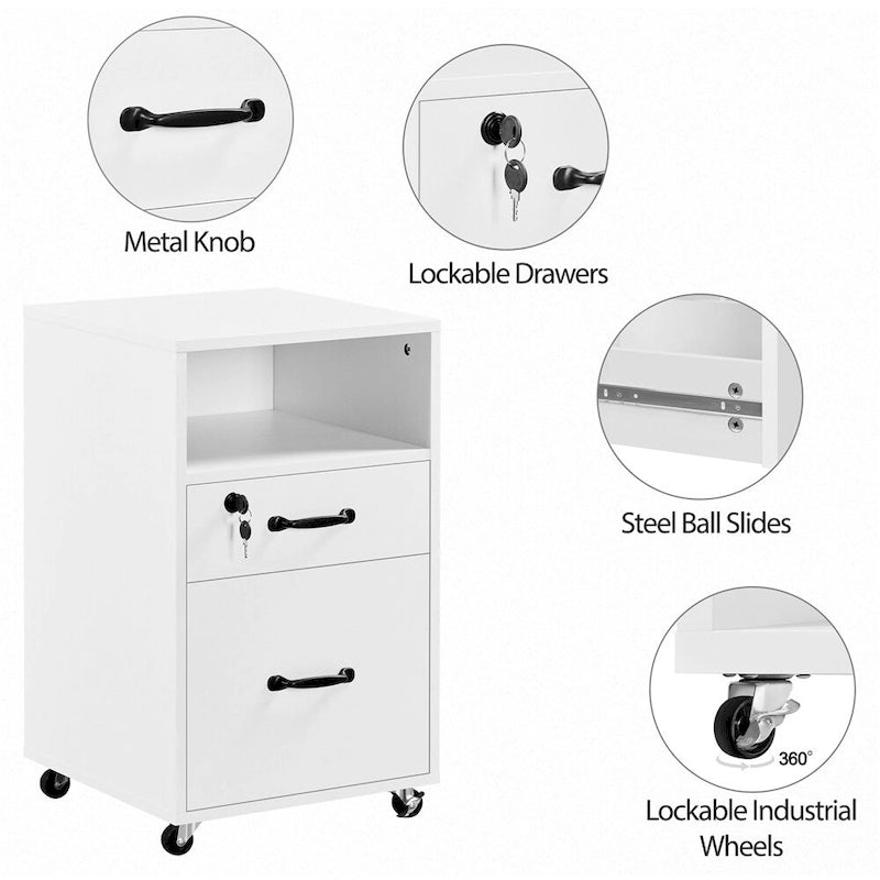Rolling File Cabinet with 2 Drawers and Open Shelf for Home Office