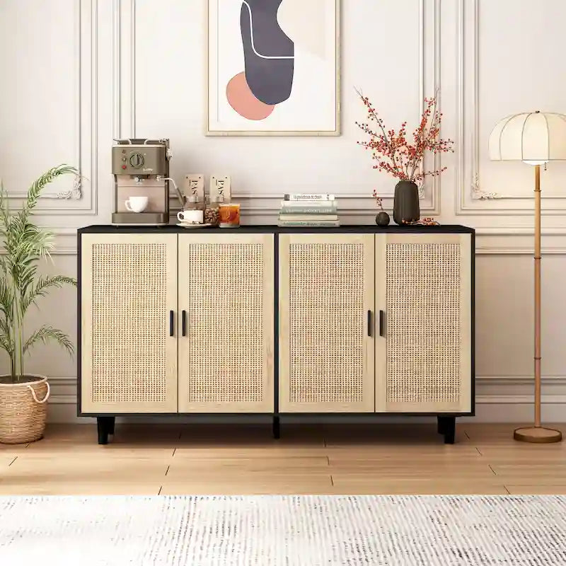 62-Inch Black 4-Door Rattan Decorative Storage Cabinet