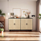 Zwarte decoratieve rotan-opbergkast met 4 deuren, 62-Inch
