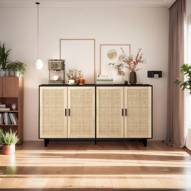 62-Inch Black 4-Door Rattan Decorative Storage Cabinet