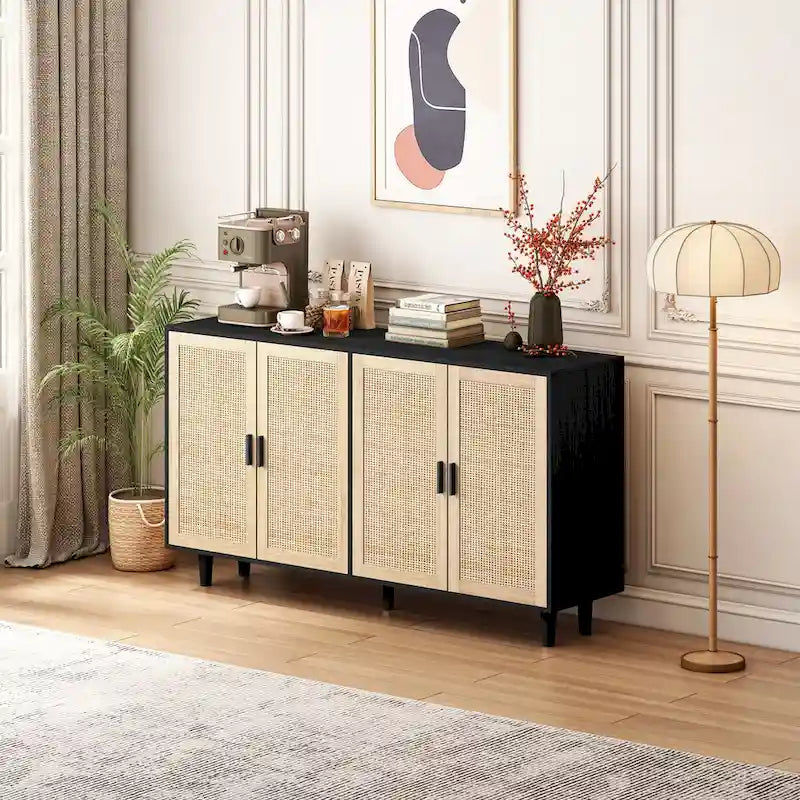 62-Inch Black 4-Door Rattan Decorative Storage Cabinet
