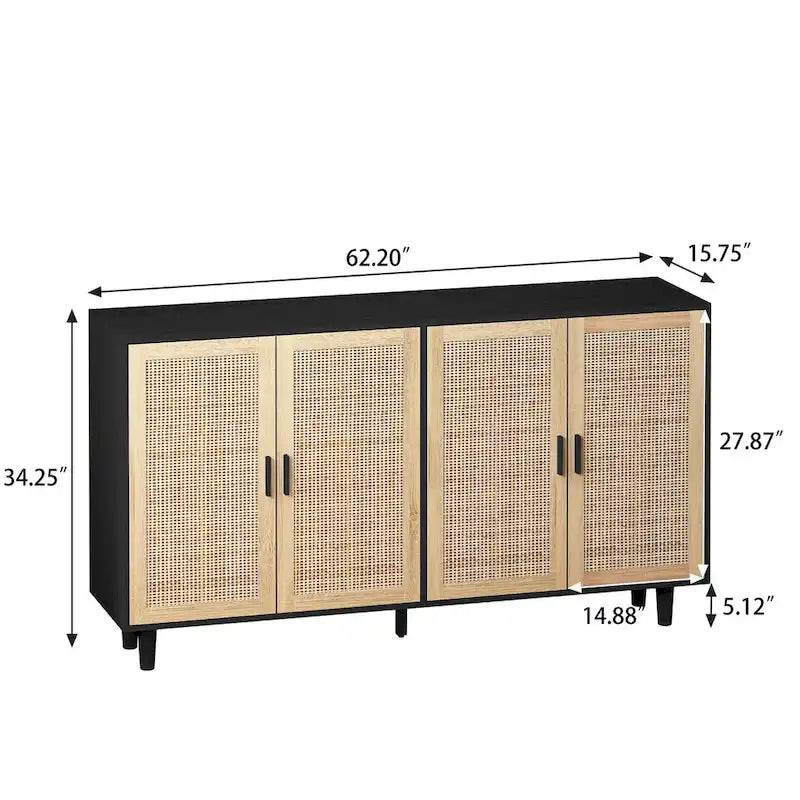 62-Inch Black 4-Door Rattan Decorative Storage Cabinet