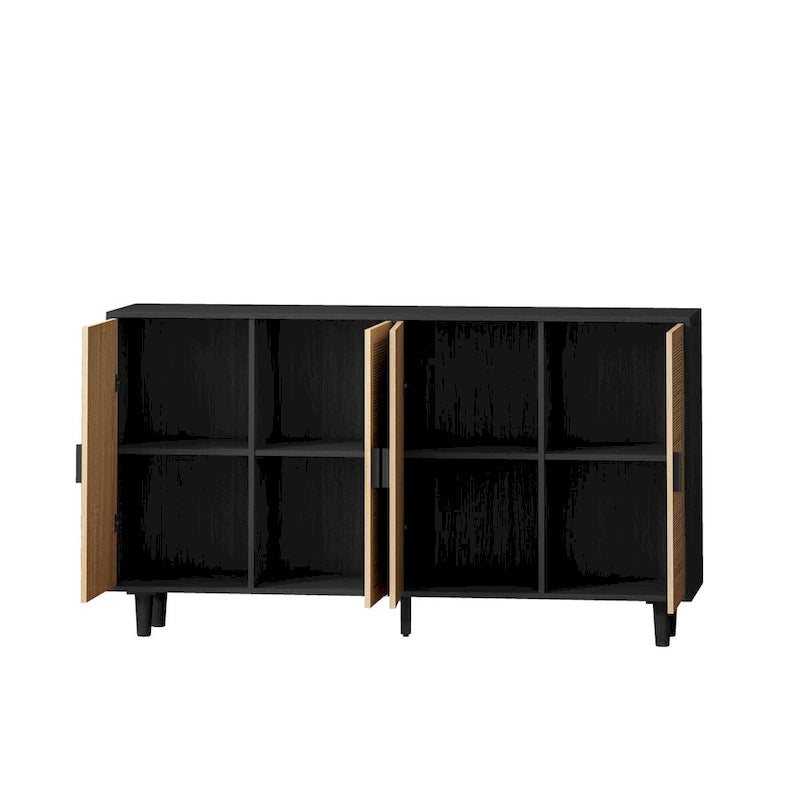 62-Inch Black 4-Door Rattan Decorative Storage Cabinet