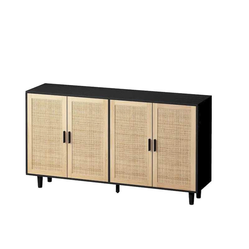 62-Inch Black 4-Door Rattan Decorative Storage Cabinet