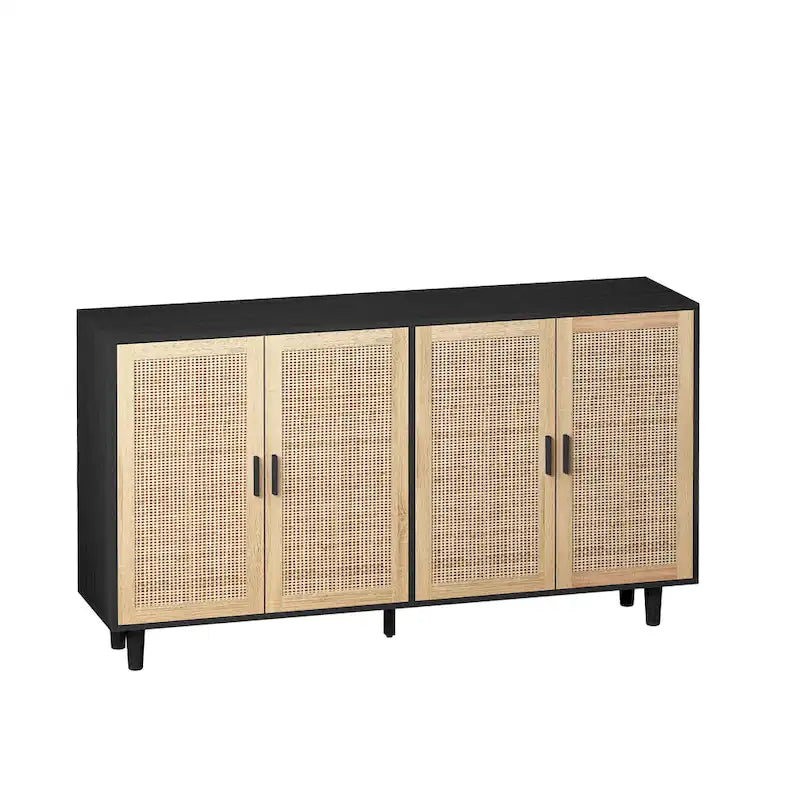 62-Inch Black 4-Door Rattan Decorative Storage Cabinet