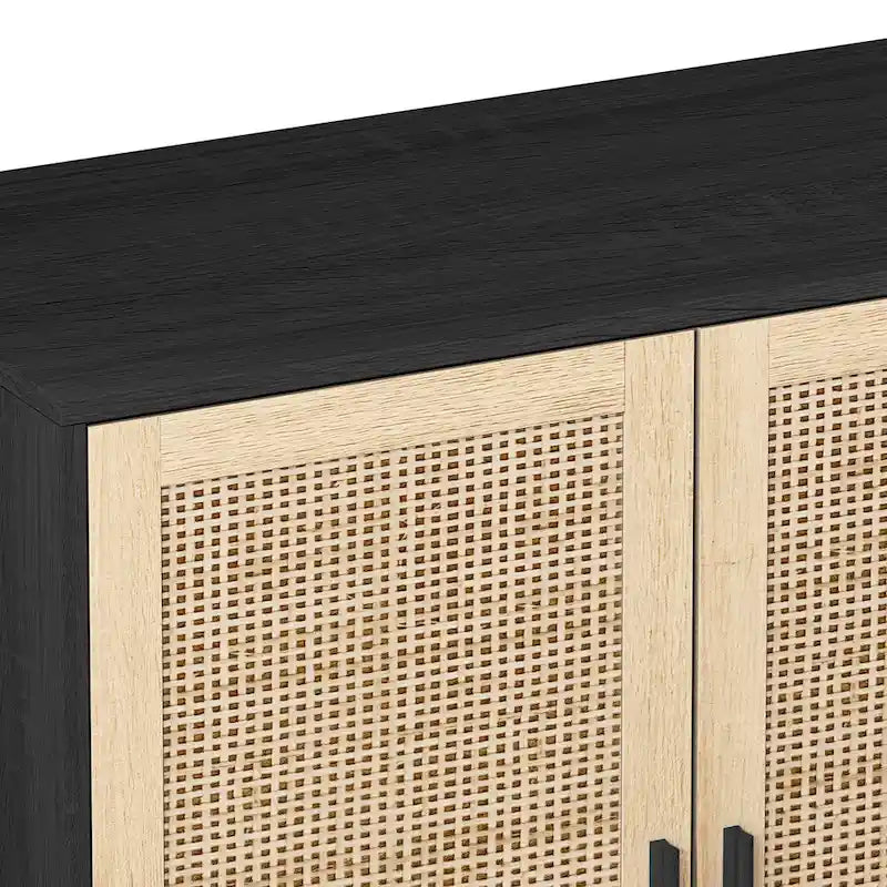 62-Inch Black 4-Door Rattan Decorative Storage Cabinet