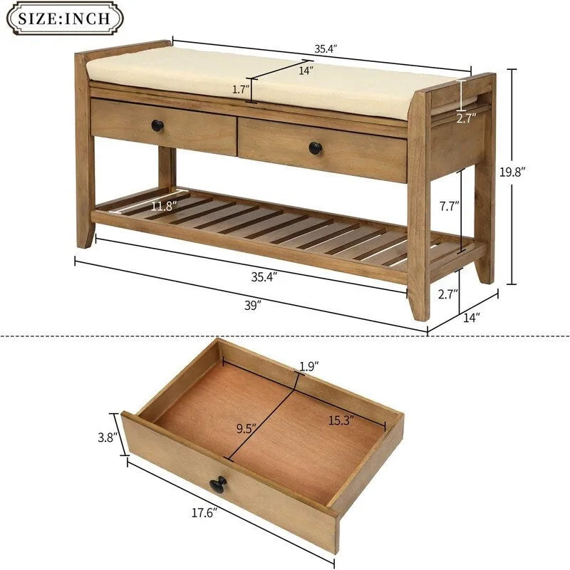 Rubber Wood Shoe Storage Bench with Cushion and Flip-Top Storage