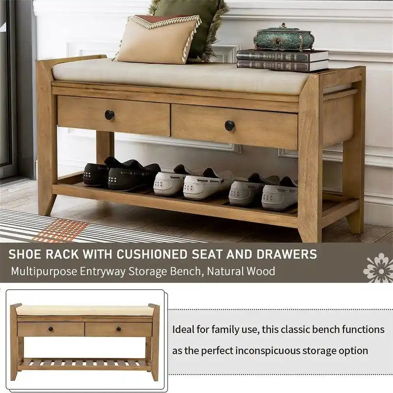 Rubber Wood Shoe Storage Bench with Cushion and Flip-Top Storage