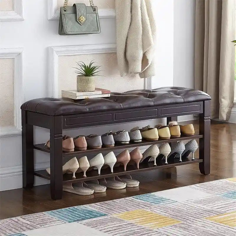 Rubber Wood Shoe Storage Bench with Cushion and Flip-Top Storage