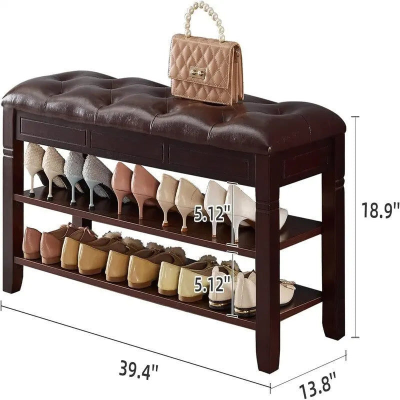 Rubber Wood Shoe Storage Bench with Cushion and Flip-Top Storage