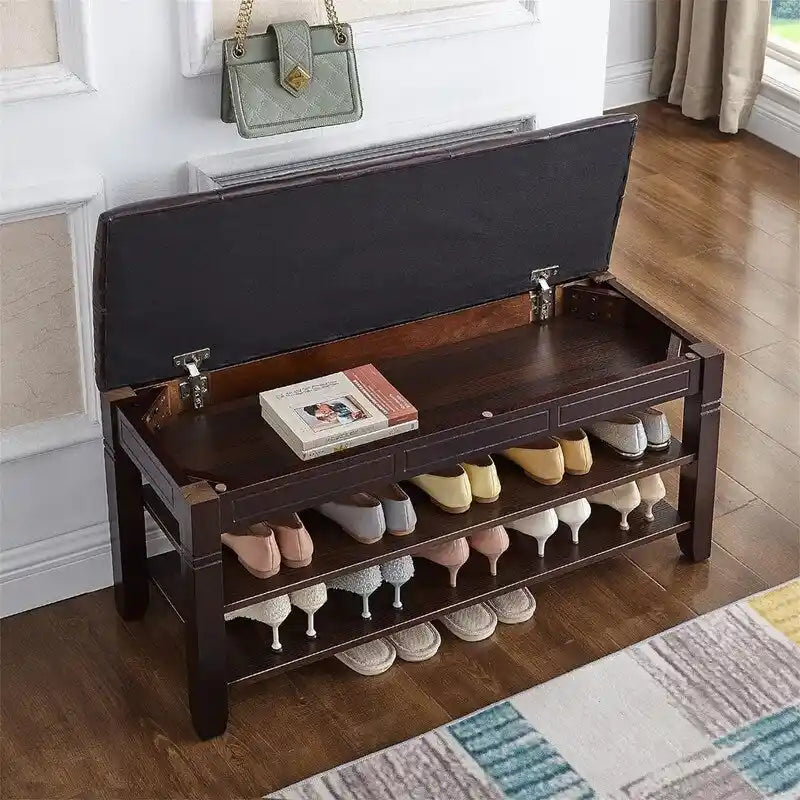 Rubber Wood Shoe Storage Bench with Cushion and Flip-Top Storage