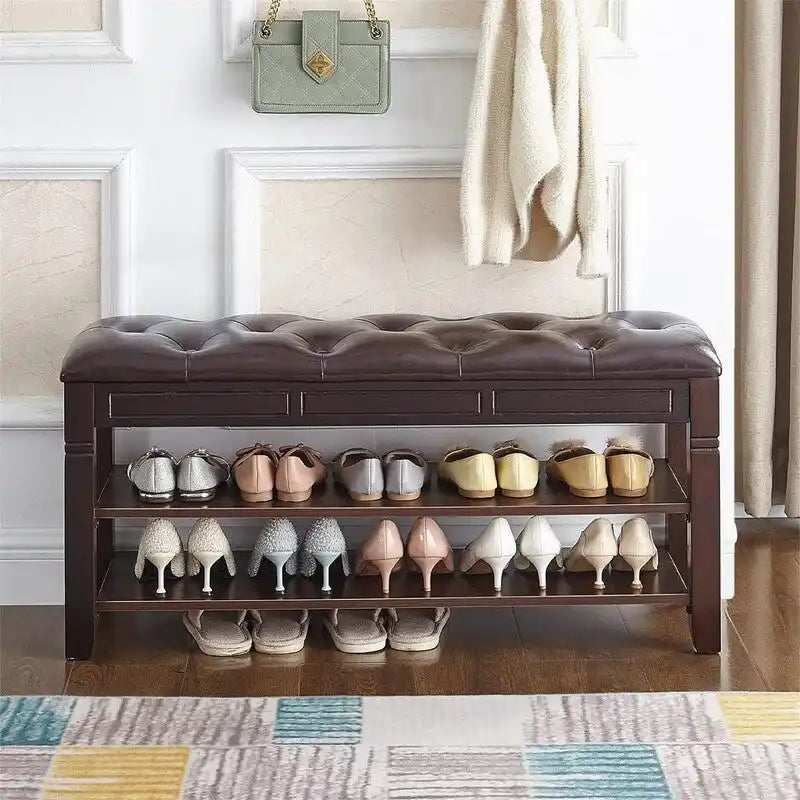 Rubber Wood Shoe Storage Bench with Cushion and Flip-Top Storage