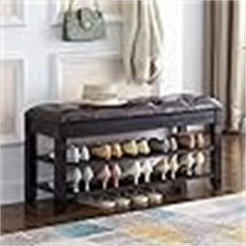 Rubber Wood Shoe Storage Bench with Cushion and Flip-Top Storage