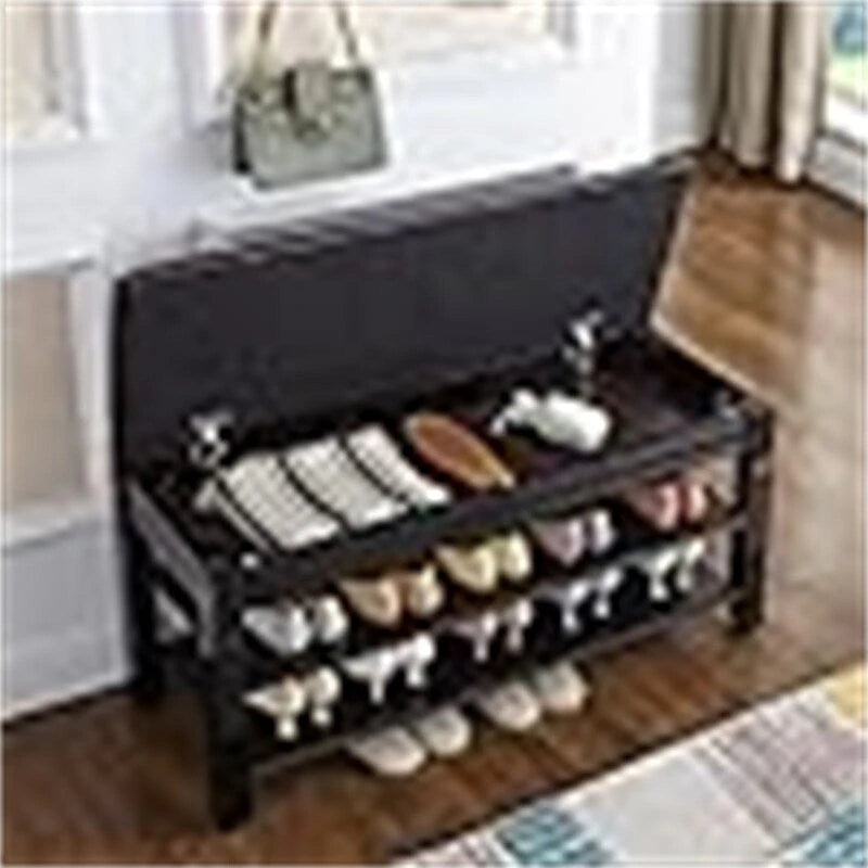 Rubber Wood Shoe Storage Bench with Cushion and Flip-Top Storage