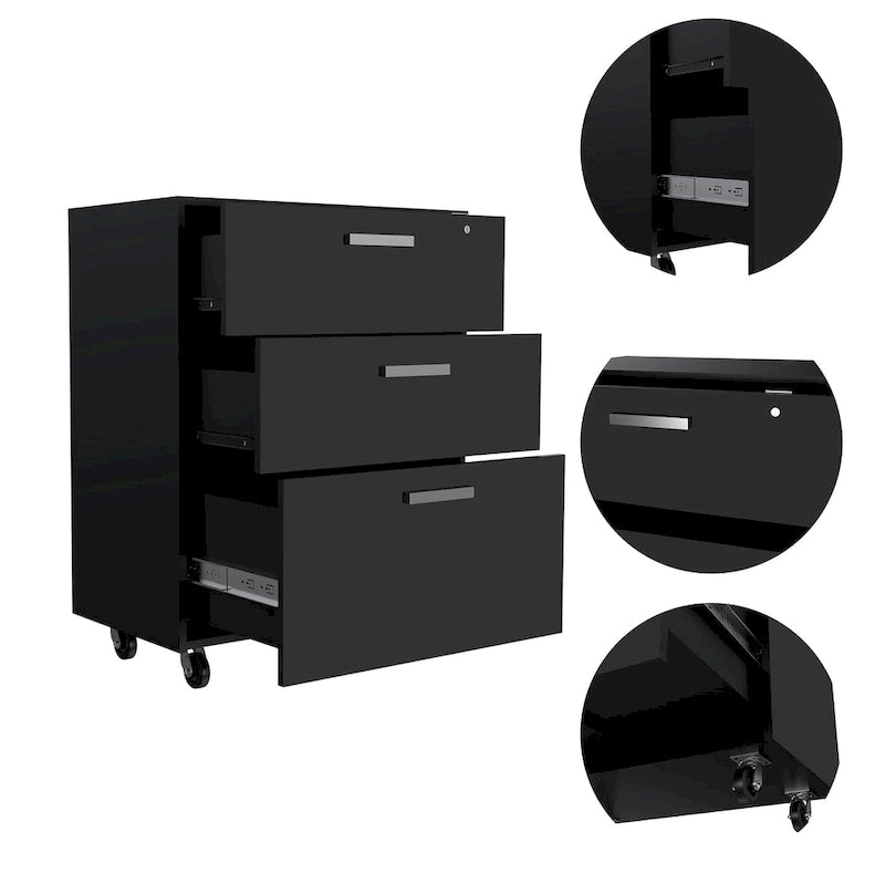 Black Storage Cabinet with Superior Top 3 Drawers and 4 Casters