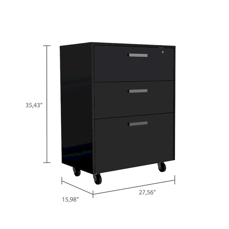 Black Storage Cabinet with Superior Top 3 Drawers and 4 Casters