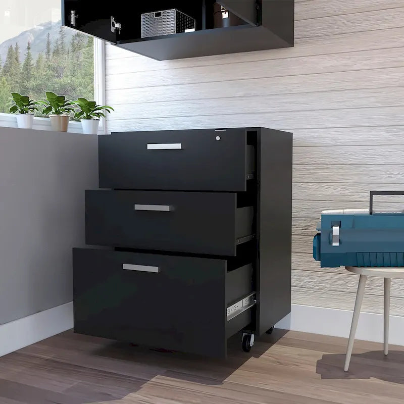Black Storage Cabinet with Superior Top 3 Drawers and 4 Casters