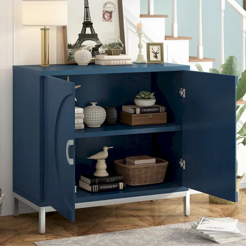 Modern Wood Veneer Accent Storage Cabinet with Metal Leg Frame