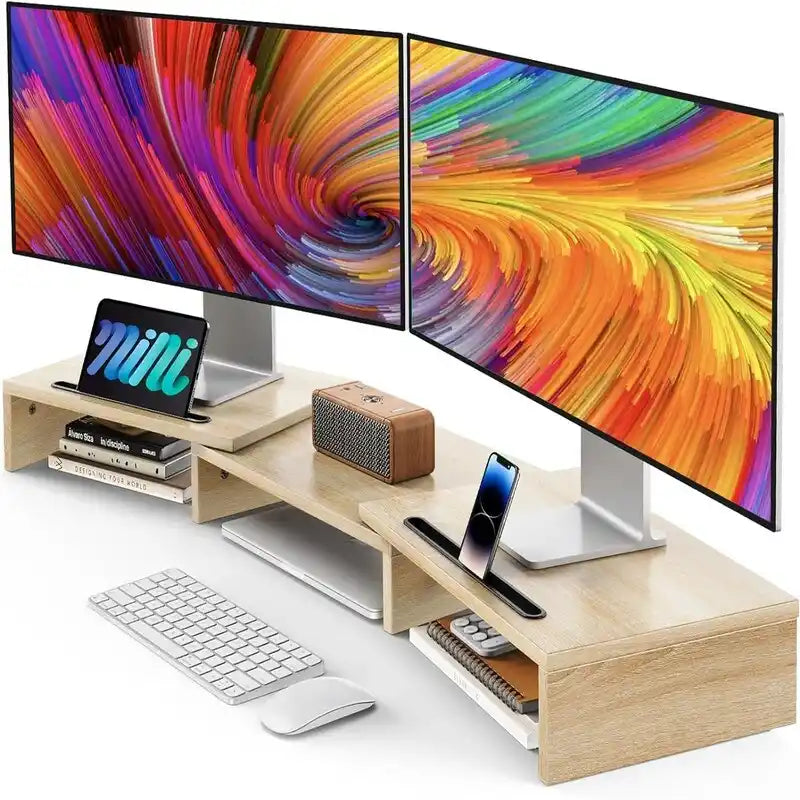 Adjustable Dual Monitor Stand Riser with Under-Desk Storage