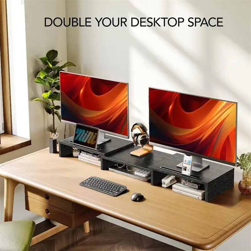 Adjustable Dual Monitor Stand Riser with Under-Desk Storage