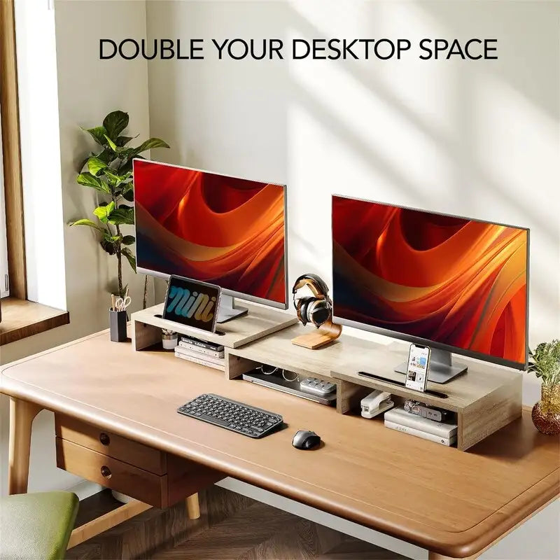 Adjustable Dual Monitor Stand Riser with Under-Desk Storage