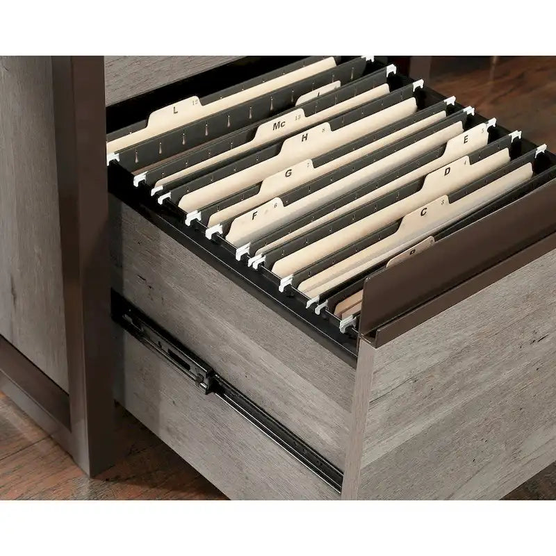 Narrow Bookcase Storage Tower with File Drawers and Open Shelves