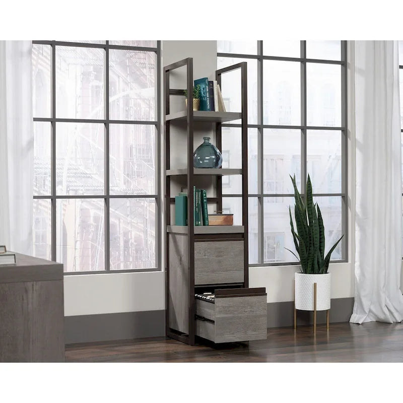 Narrow Bookcase Storage Tower with File Drawers and Open Shelves