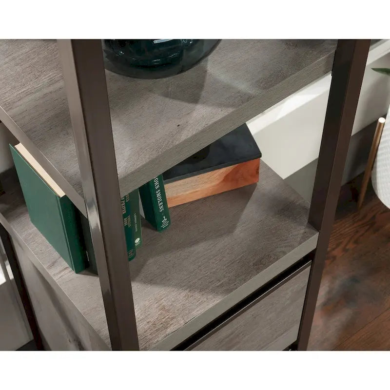 Narrow Bookcase Storage Tower with File Drawers and Open Shelves