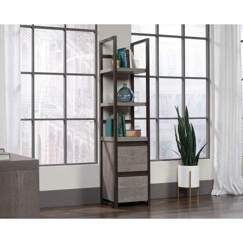 Narrow Bookcase Storage Tower with File Drawers and Open Shelves