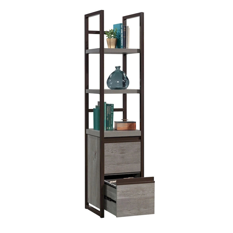 Narrow Bookcase Storage Tower with File Drawers and Open Shelves
