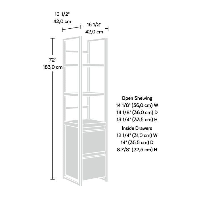 Narrow Bookcase Storage Tower with File Drawers and Open Shelves