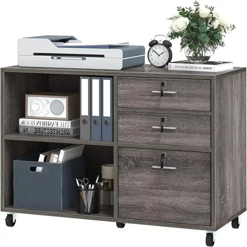 3-Drawer Mobile Lateral Filing Cabinet on Wheels with Lock