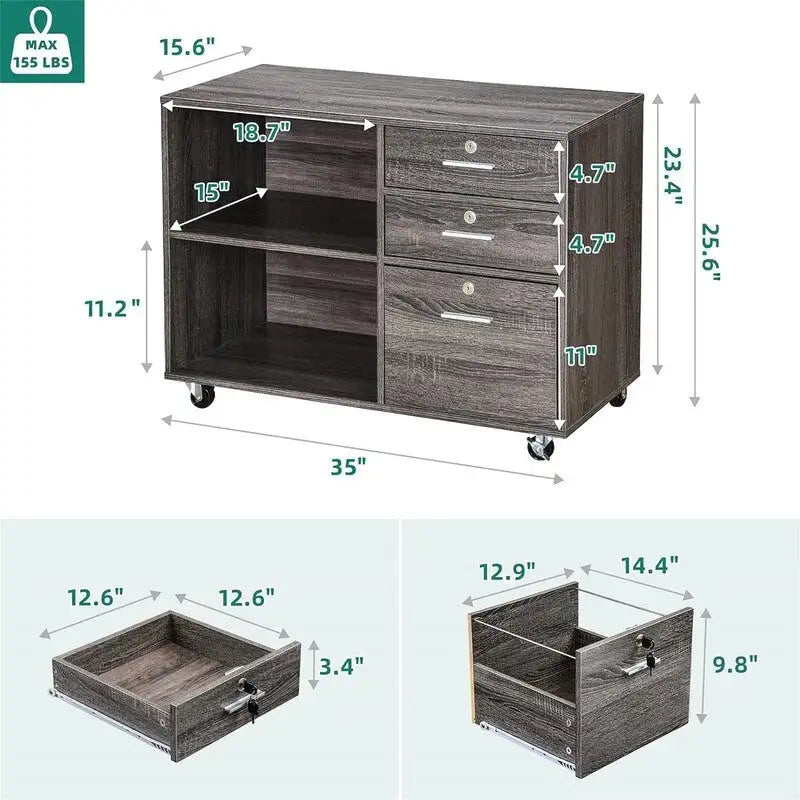 3-Drawer Mobile Lateral Filing Cabinet on Wheels with Lock