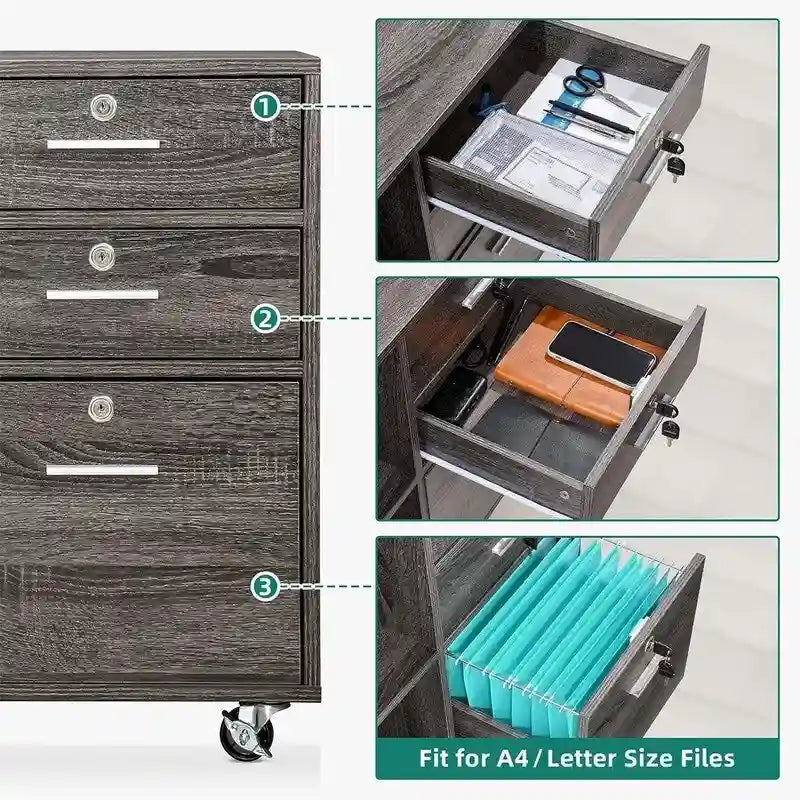 3-Drawer Mobile Lateral Filing Cabinet on Wheels with Lock