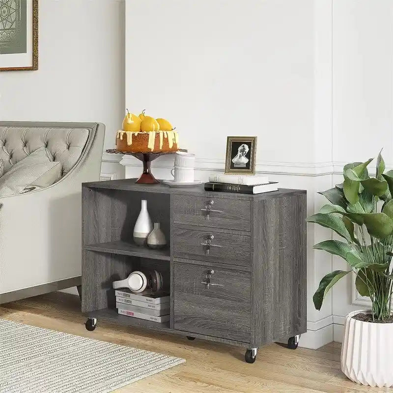 3-Drawer Mobile Lateral Filing Cabinet on Wheels with Lock
