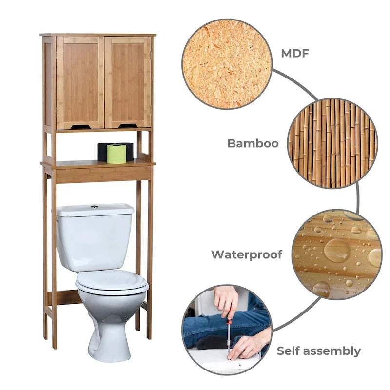 Bamboo Over-Toilet Storage Cabinet with Dual Doors and Open Shelf